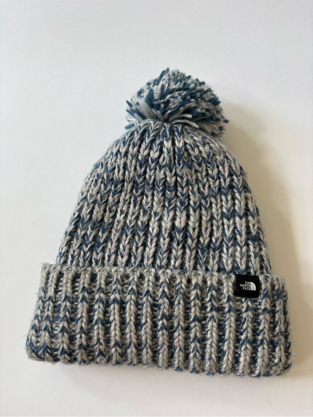 The North Face Women’s Grey Blue Pom Pom Beanie Hat Knit Chunky Warm Lining Gorp